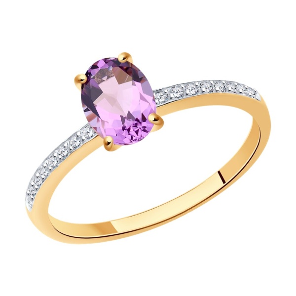 Кольцо из красного золота с аметистом и фианитами