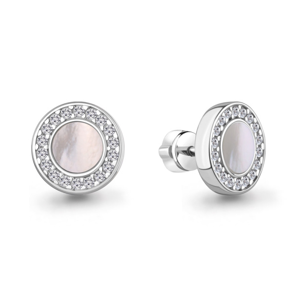Серьги-пусеты из серебра с перламутром и фианитами