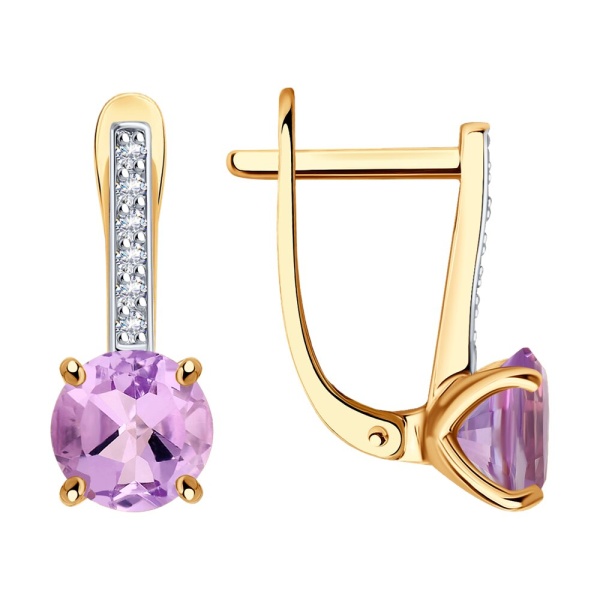 Серьги из красного золота с аметистами и фианитами