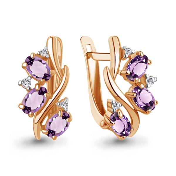 Серьги из красного золота с аметистами и фианитами