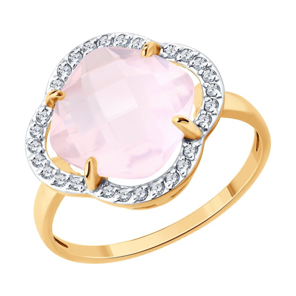 Кольцо из красного золота с кварцем и фианитами