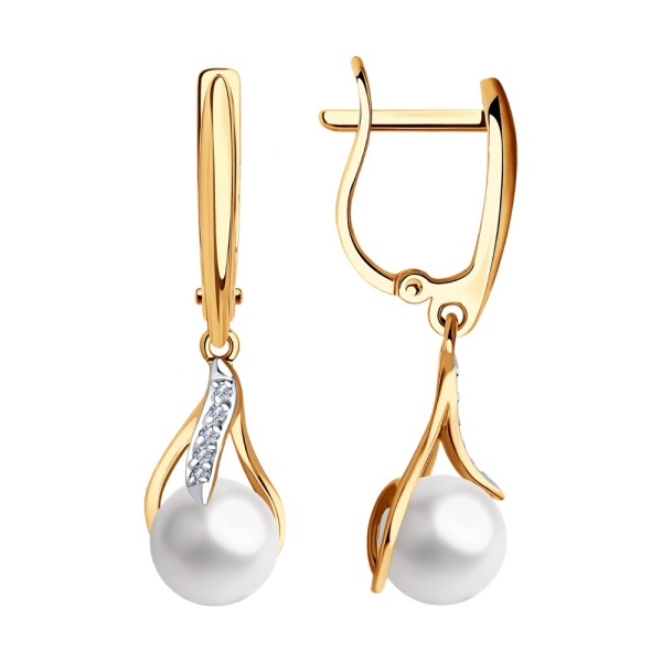 Серьги из красного золота с жемчугом и фианитами