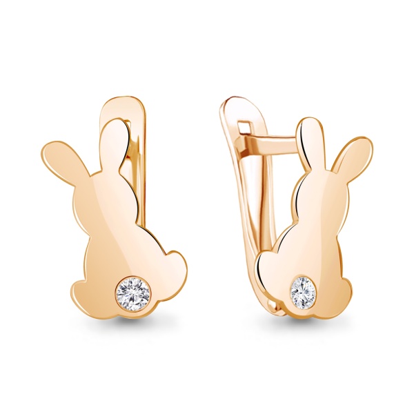 Серьги «Зайчики» из красного золота 585 пробы с фианитами