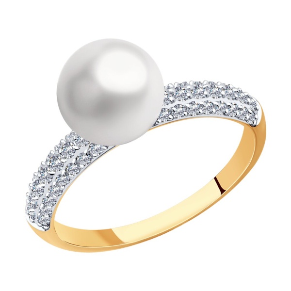 Кольцо из красного золота с жемчугом и фианитами