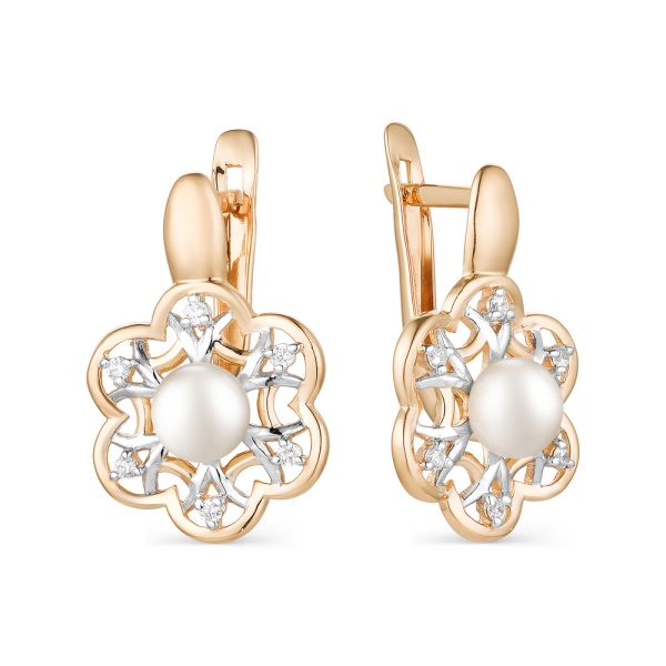 Серьги из красного золота с жемчугом и фианитами