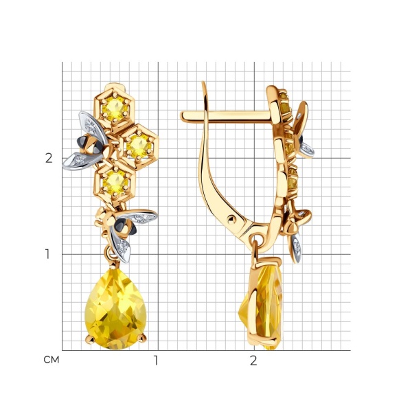 Серьги из красного золота с цитринами и фианитами