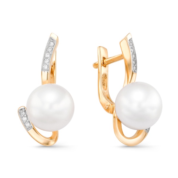 Серьги из красного золота с жемчугом и фианитами