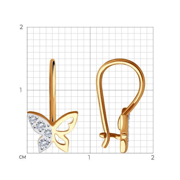 Серьги «Бабочки» из красного золота 585 пробы с фианитами