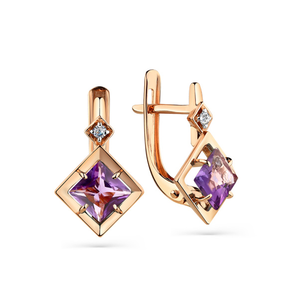 Серьги из красного золота с аметистами и фианитами