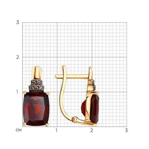 Серьги пусеты из красного золота с гранатами и фианитами