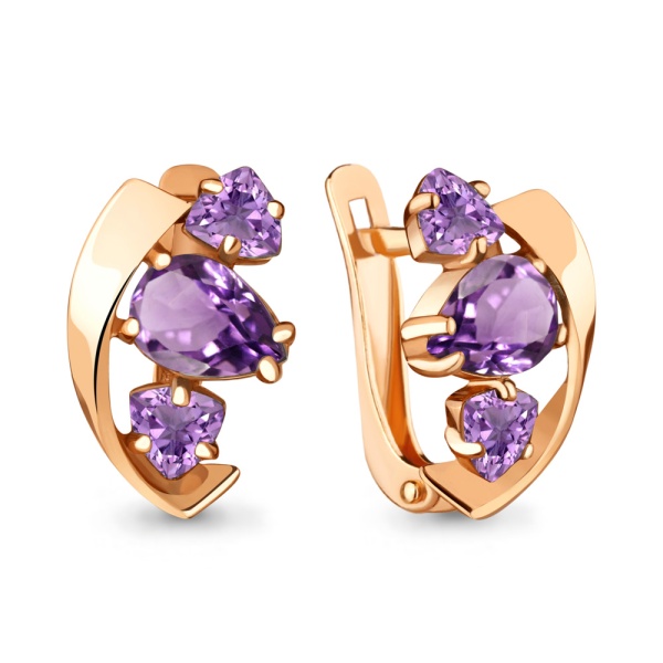 Серьги из красного золота с аметистами и фианитами