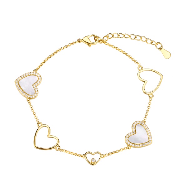 Браслет из серебра с подвесками в форме сердца из перламутра и фианитами