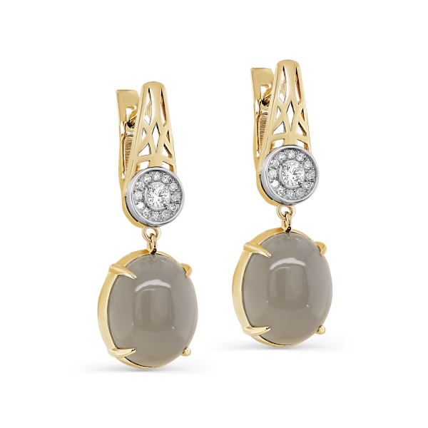 Серьги из желтого золота с лунным камнем и бриллиантами