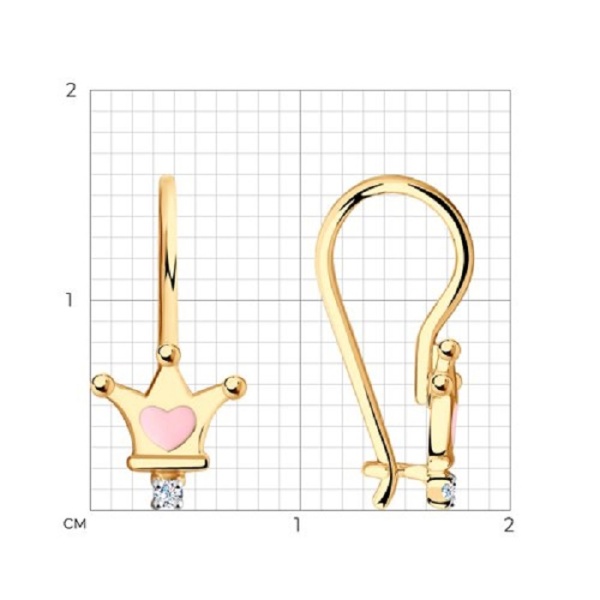 Серьги «Корона» из красного золота 585 пробы с фианитами и эмалью