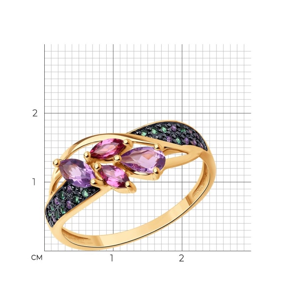 Кольцо из красного золота с аметистами, родолитами и фианитами