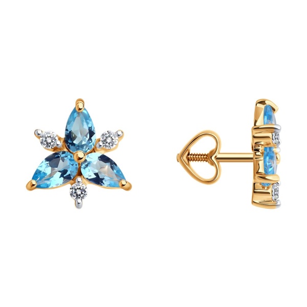 Серьги-пусеты из красного золота с топазами и фианитами