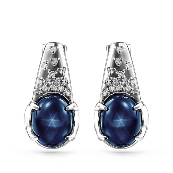 Серьги из белого золота с бриллиантами и звездчатыми сапфирами