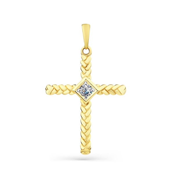 Декоративный крестик из желтого золота с фианитом