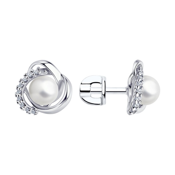 Серьги пусеты из серебра с жемчугом и фианитами