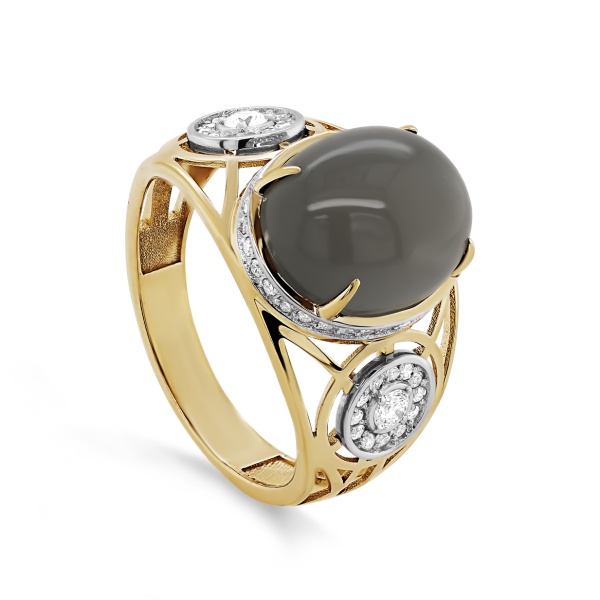 Кольцо из желтого золота с лунным камнем и бриллиантами
