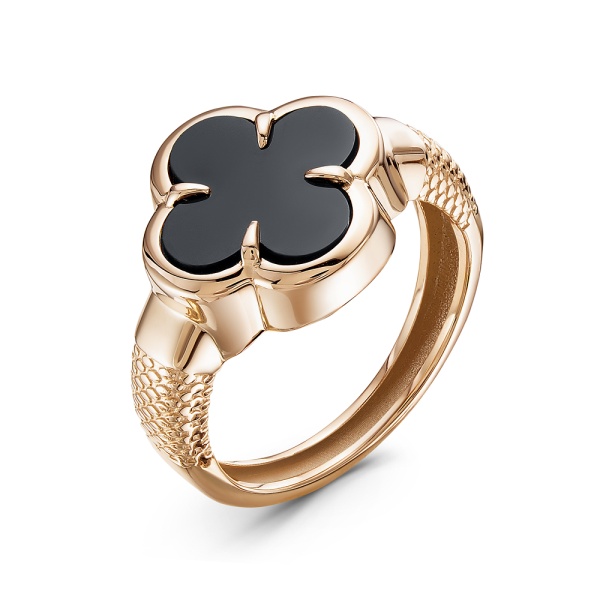 Кольцо «Клевер» из красного золота с ониксом