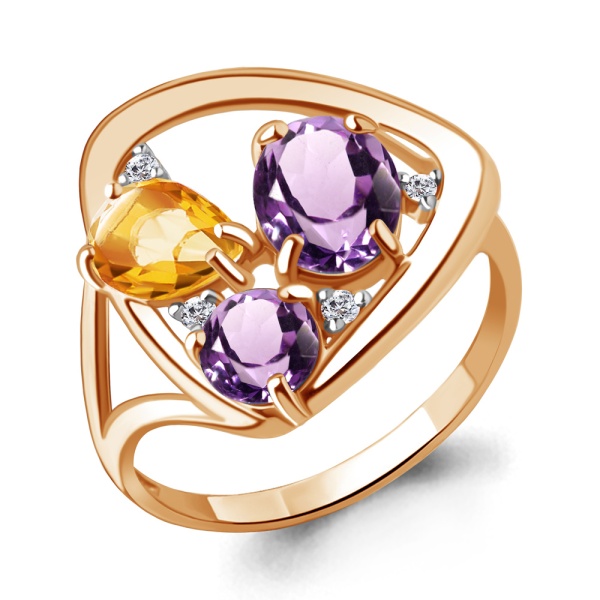 Кольцо из красного золота с цитрином, аметистами и фианитами