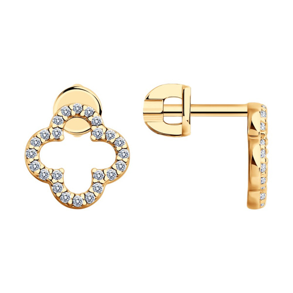 Серьги пусеты из позолоченного серебра с фианитами