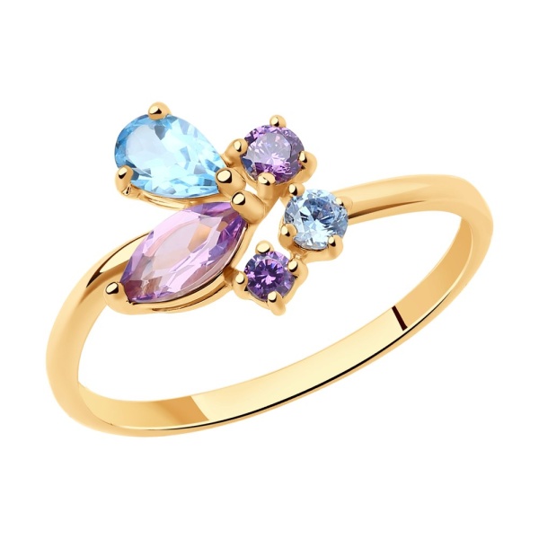 Кольцо из красного золота с аметистом, топазом и фианитами