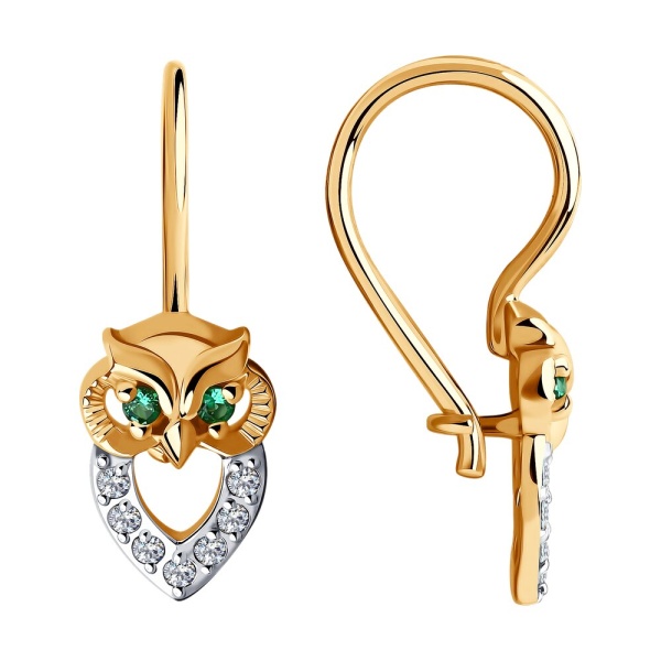 Серьги «Сова» из красного золота 585 пробы с фианитами
