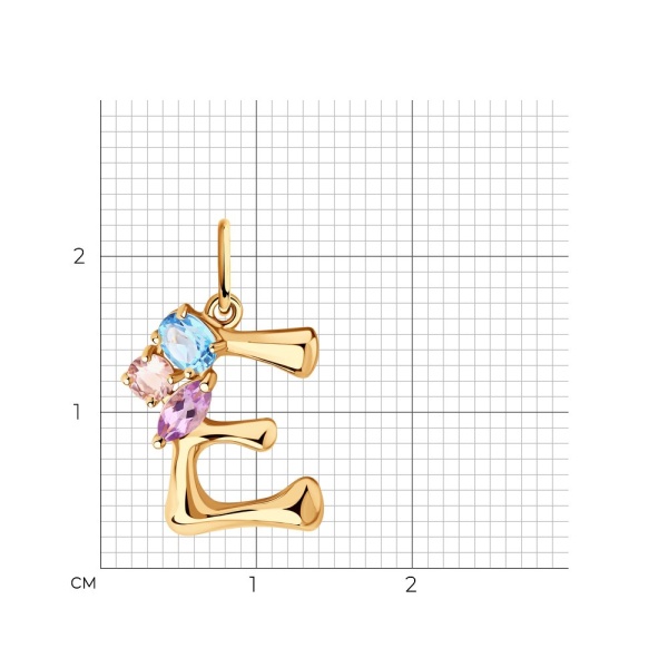 Подвеска «Буква Е» из красного золота с аметистом, ситаллом и топазом