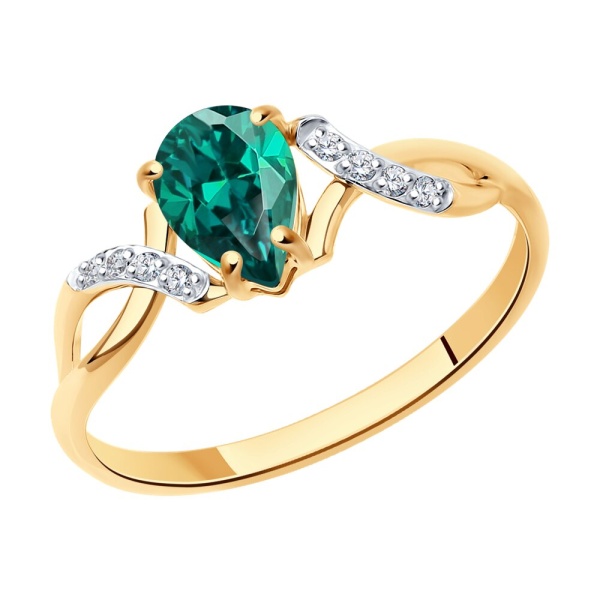 Кольцо из красного золота с гидротермальным изумрудом и фианитами