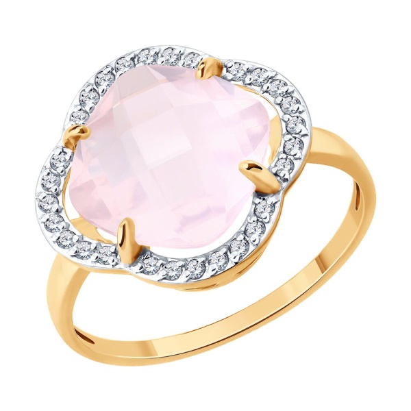 Кольцо из красного золота с кварцем и фианитами