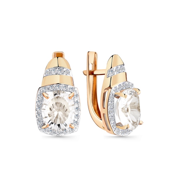 Серьги из красного золота с горным хрусталем и фианитами