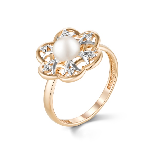 Кольцо из красного золота с жемчугом и фианитами