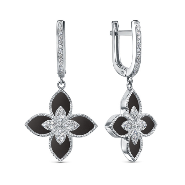 Серьги из серебра с черным ониксом и фианитами