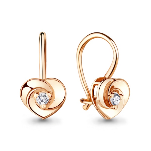 Серьги «Сердечки» из красного золота 585 пробы с фианитами