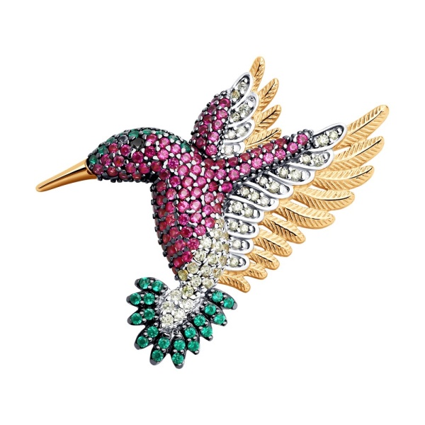 Брошь «Колибри» из серебра с корундами и фианитами
