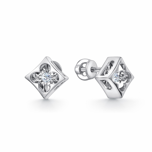 Серьги-пусеты из белого золота с танцующим бриллиантом