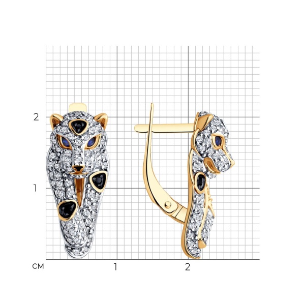 Серьги из красного золота с корундами, фианитами и шпинелью