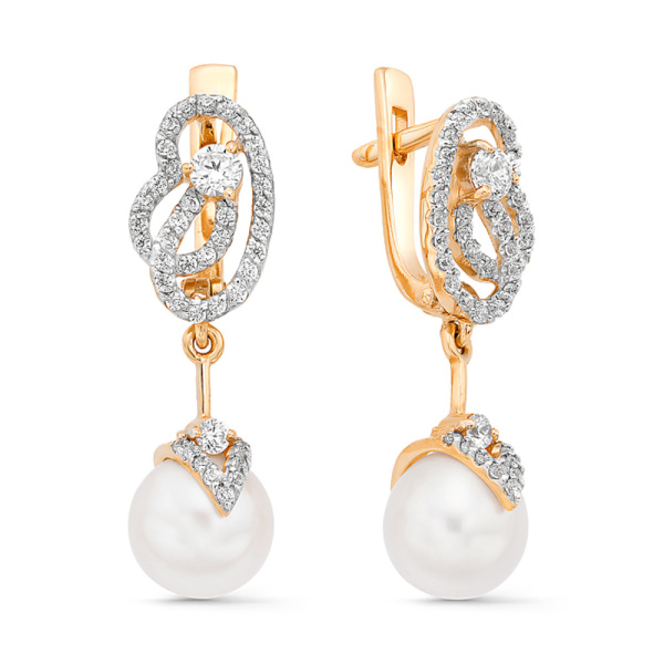 Серьги из красного золота с жемчугом и фианитами