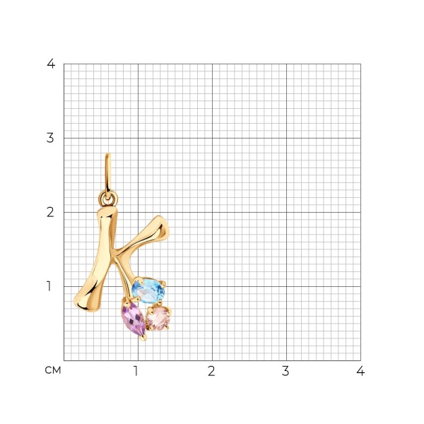 Подвеска «Буква К» из красного золота с аметистом, ситаллом и топазом