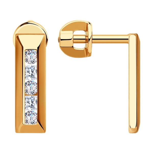 Серьги пусеты из красного золота с фианитами