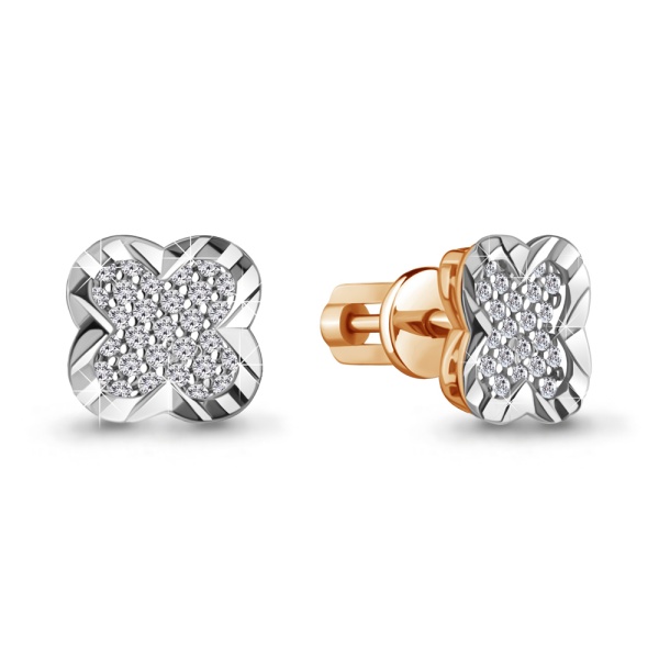 Серьги пусеты из комбинированного золота с фианитами