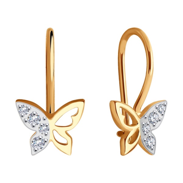 Серьги «Бабочки» из красного золота 585 пробы с фианитами