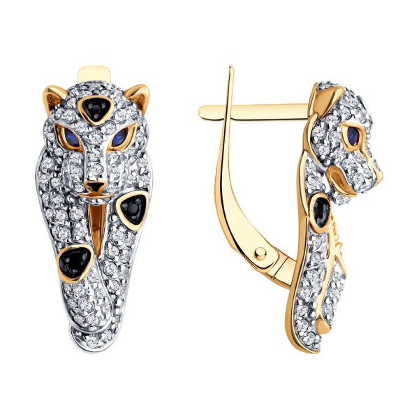 Серьги из красного золота с корундами, фианитами и шпинелью