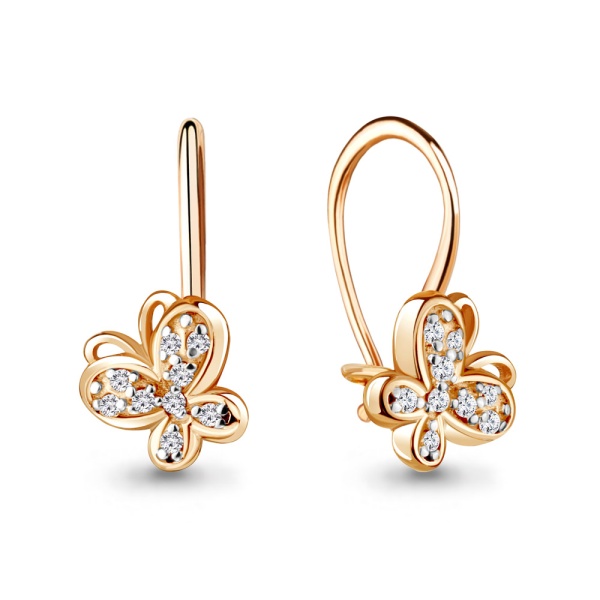 Серьги «Бабочки« из красного золота 585 пробы с фианитами