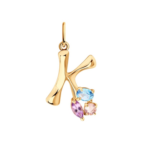 Подвеска «Буква К» из красного золота с аметистом, ситаллом и топазом