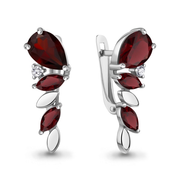 Серьги из серебра с гранатом и фианитами