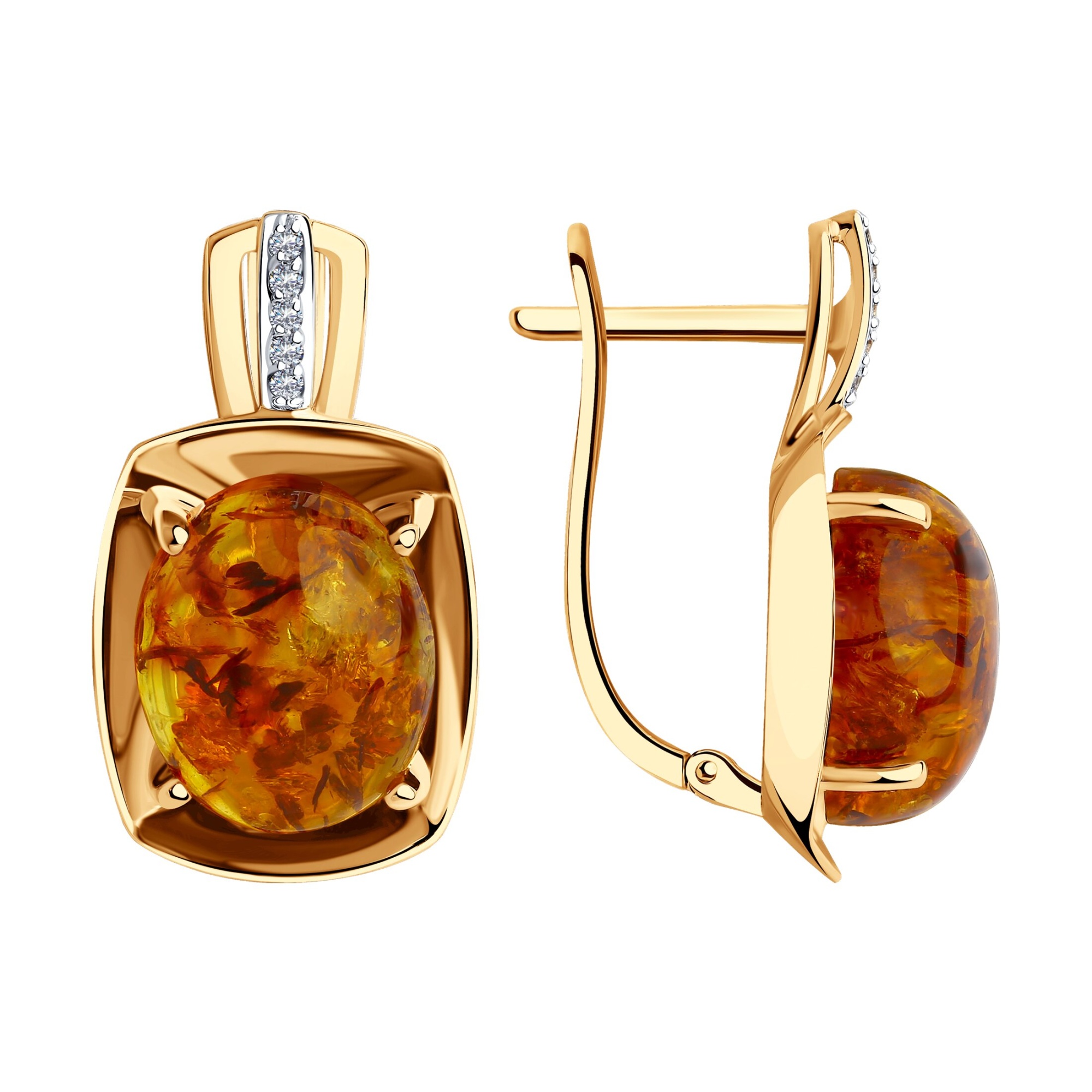 Серьги из красного золота с янтарем и фианитами