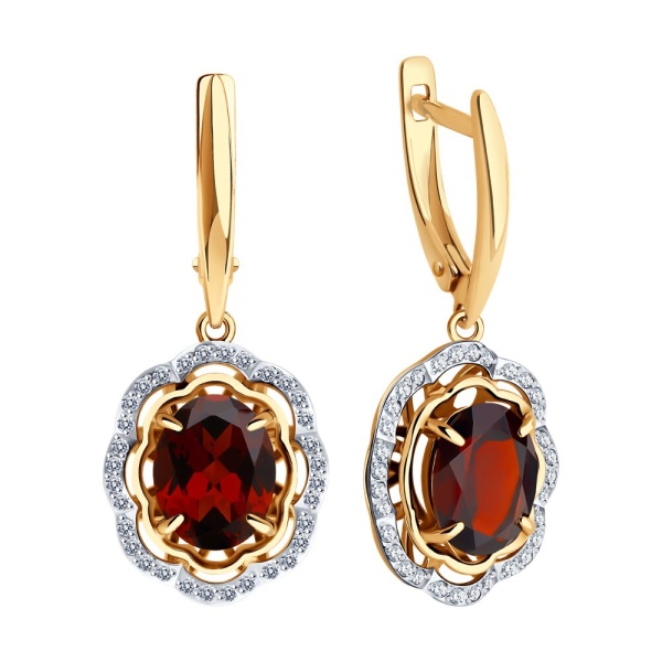 Серьги из красного золота с гранатами и фианитами